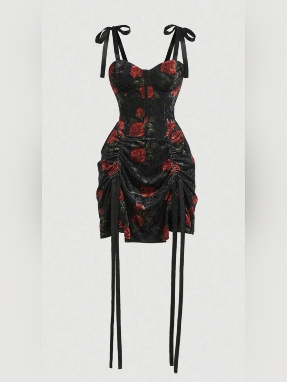 Black & Red Floral Tie-Shoulder Corset Mini Dress